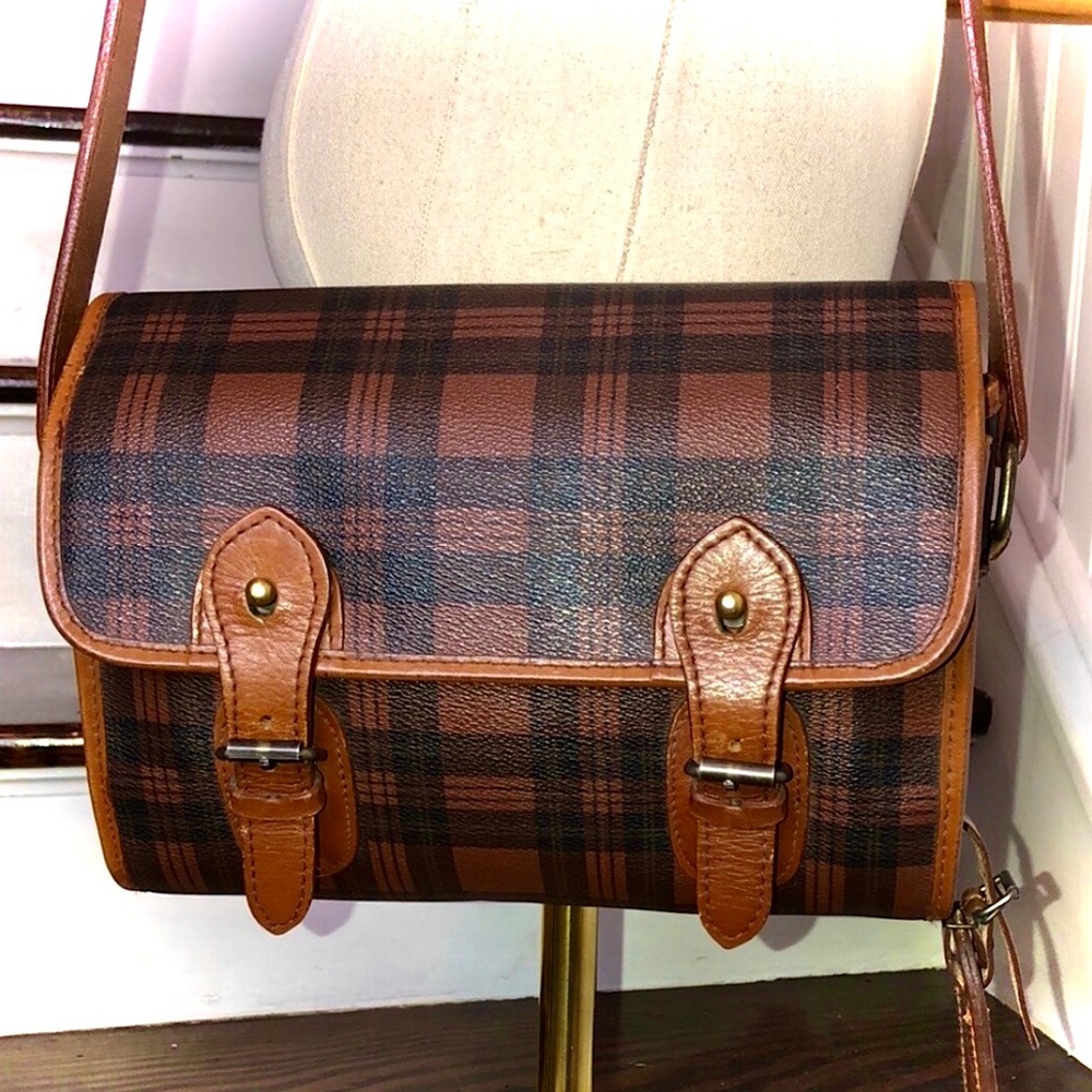 RALPH LAUREN Brown Green Tartan Plaid Rolled Crossbody Messenger Saddle Bag